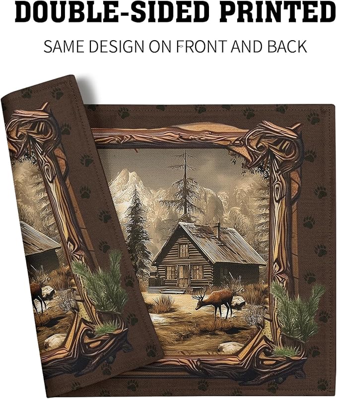 Bear Placemats Set of 4 - Rustic Lodge Place Mats 12x18 Vintage Cabin Table Mats Farmhouse Kitchen Mats for Party Dining Table