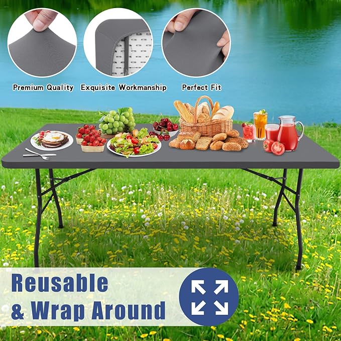 Spandex 4 Foot Rectangle Table Cloth 2 Pack, Elastic Fitted Tablecloths for Picnic, Stretch Washable Patio Table Cover for Outdoor, Camping, Banquet and Parties (Grey, 30"x48")