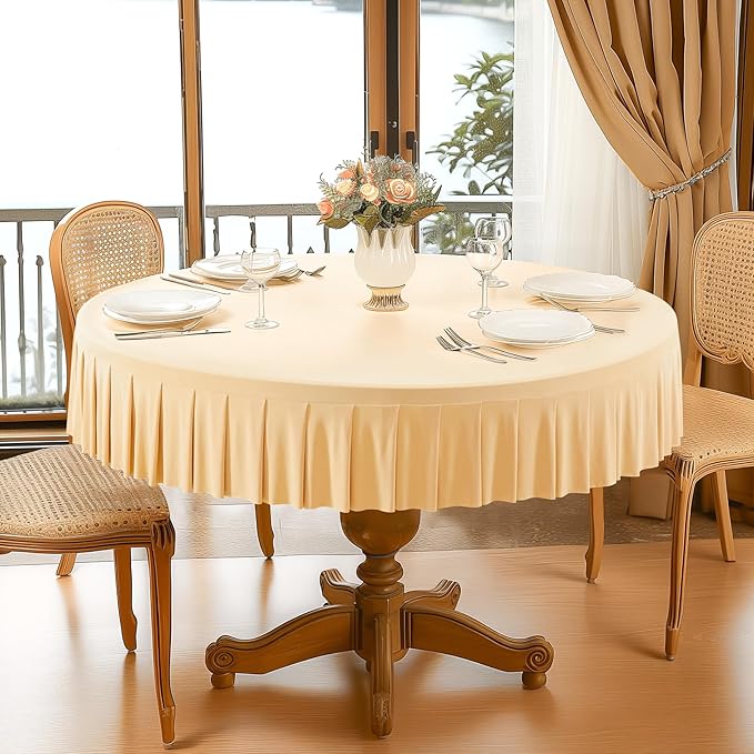 6 Pack Champagne Spandex Round Tablecloths for 60 inch Tables, Stretchy Fitted 5FT Round Table Cloth with Skirt for Wedding Party Dining Banquet