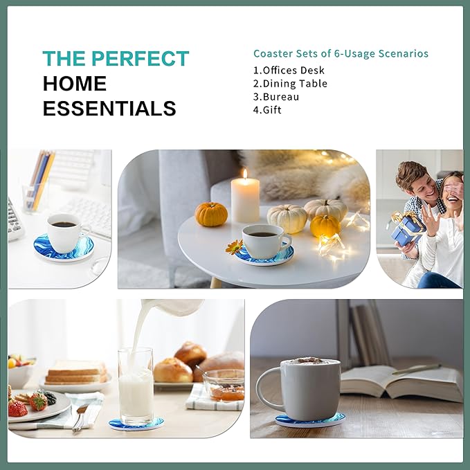 Ceramic Marble Coasters, 6 Sets of Round Tea Coasters with Holder on Dark Blue White, Durable Cup Coaster for Coffee for Table Protection, Beer Coasters set for Kinds of Mugs and Cups(4 Inches)