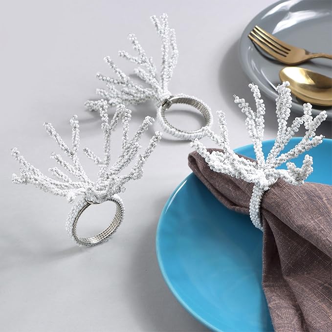 CLEENTABLE Beaded Napkin Rings Set for Dining Table - Elegant Pearl White Glass Beads with Silver Finish – Perfect for Weddings, Coastal Décor, Parties & Holiday Entertaining (White)