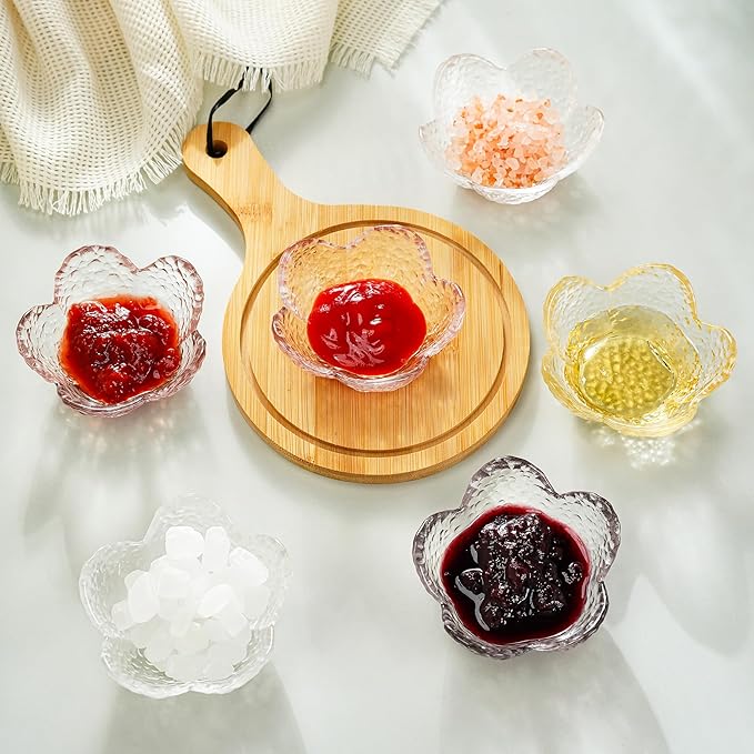 kanpura Mini Glass Bowls, Flower Shaped Prep Bowl, Dishwasher Safe, Pinch Bowls for Dipping Spices Sauce, Stackable, 1.5 oz, Set of 6, (Clear)