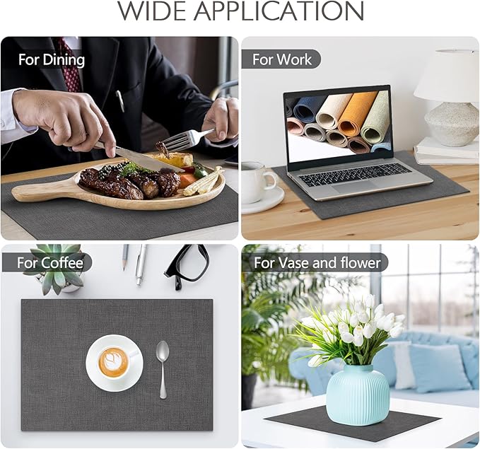 Faux Leather Placemats Set of 4 Washable PU Table mats for Kitchen Table - Heat Resistant, Waterproof, Easy Clean, Anti Slip 11.8" x 17" (Dark Grey-4 Pack)