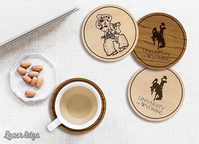 LazerEdge Wyoming Cowboys Wooden Coaster Set - Cherry Wood - Officially Licensed Product - 4-Pack
