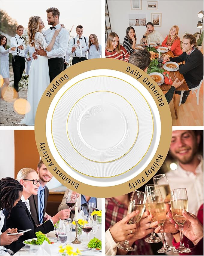 Hioasis 60pcs White and Gold Plastic Plates - White Disposable Dinnerware Set, 30pcs Dinner 10.25in & 30pcs Dessert 7.5in Plates with Striped Designs for Party & Wedding