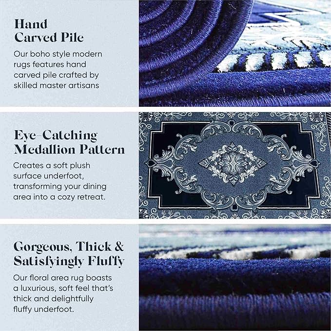 Modern 2x7 Navy Traditional Living Room Rug - Area Rugs for Living Room, Dining & Bedroom - Hand Carved Runner Carpet - Durable Polyester - Non-Fade, Stain-Resistant - Turkish Made
