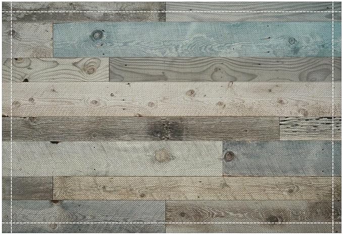 Rustic Plank Placemat Set, Vintage Old Shabby Colorful Beige Brown Blue Farmhouse Barn Wooden Board Pattern Home Decor Linen Table Mats for Dining Room Kitchen Party (17x12in) x6P