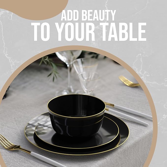 Trendables Plastic Bowls Disposable Bowls 24 Oz Bowl Set Of 20 Black Gold Rimmed Fancy Plastic Serving Dishes Perfect for Parties and Events Disposable Candy Bowl