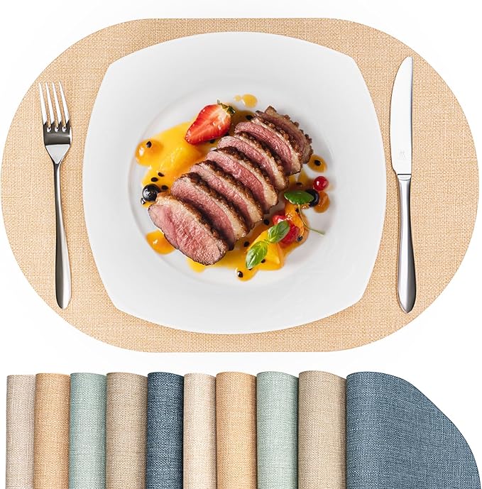 Oval Placemats for Dining Table Set of 6, Washable Leather Table Mats, Waterproof Heat-Resistant Non-Slip Kitchen Placemats, Simple Style Oval Design