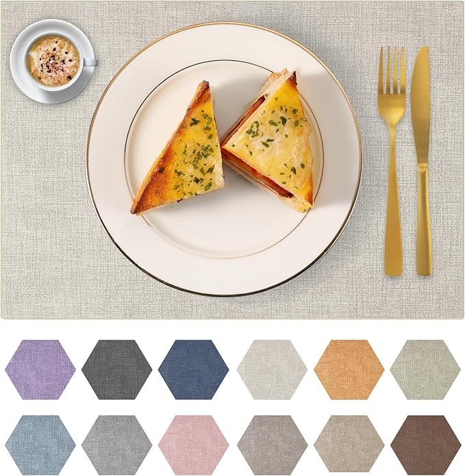 Faux Leather Placemats Set of 4 Washable PU Table mats for Kitchen Table - Heat Resistant, Waterproof, Easy Clean, Anti Slip 11.8" x 17" (Beige-4 Pack)