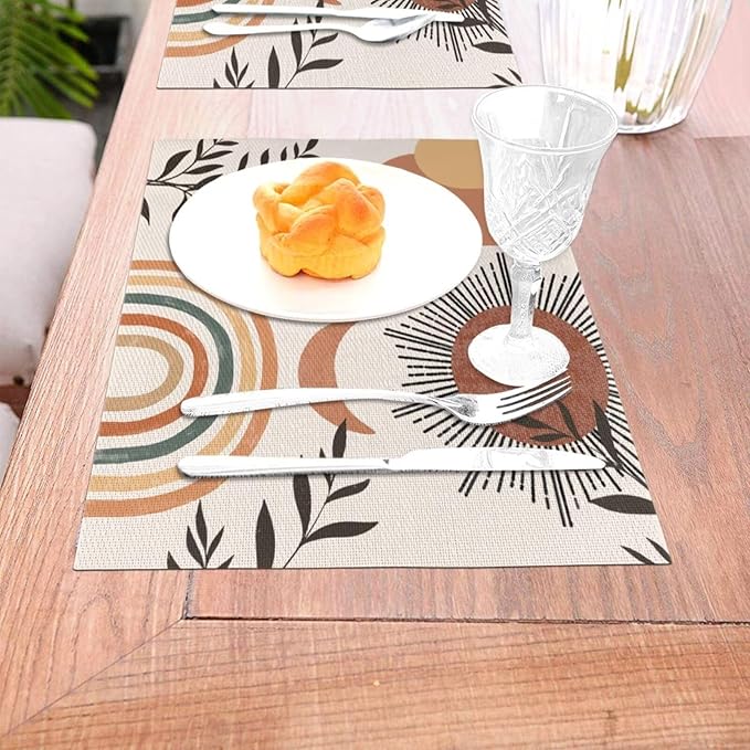 Mid Century Abstract Boho Placemats Orange Vintage Aesthetic Nature Leaf Sun Modern Washable Place Mats 12x18Inch for Dining Kitchen Farmhouse Decor 6 PCS