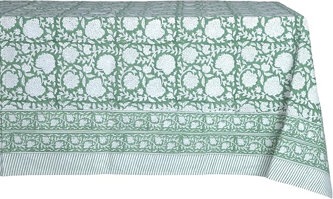 ATOSII Shalimar Green 100% Cotton Rectangle Fall Tablecloth, Handblock Floral Table Cloth Linen for Kitchen Dining I Parties Wedding Outdoors Christmas Thanksgiving I Fall Home Decor 60 X 90 Inches