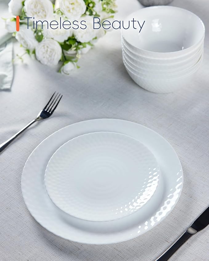 7.5 inch Appetizer Plate Set of 6, Opal Glass Round Geometric Faceted Small White Plates for Salad Dessert, Kitchen, Dishwasher and Microwave Safe