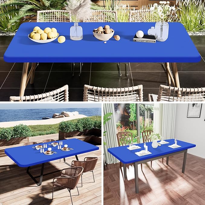 Smiry Rectangle Tablecloth, Elastic Fitted Flannel Backed Vinyl Tablecloths for 8ft Folding Tables, Waterproof Wipeable Table Covers for Indoor, Outdoor, Picnic and Camping (Blue, 36"x96")