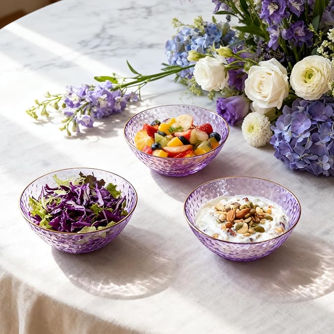 Rubtlamp 30 Pack Clear Purple Disposable Bowls, Clear Plastic Bowls with Gold Rim, 12-16oz Premium Heavy Duty Plastic Dessert Bowls, Purple Disposable Bowls, for Party