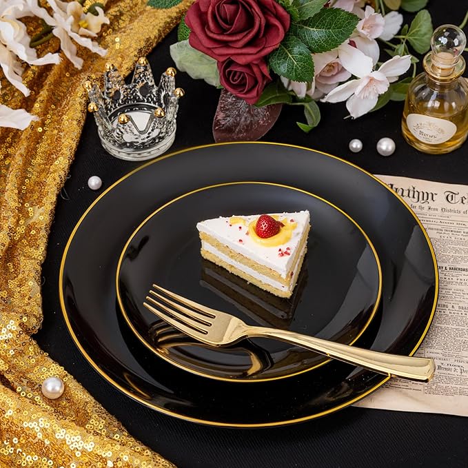 KIRE 200Pcs Black Plastic Plates - Black and Gold Plates Disposable for Party - Include 100 for Dinner and 100 for Dessert for Birthday/Wedding/New Year