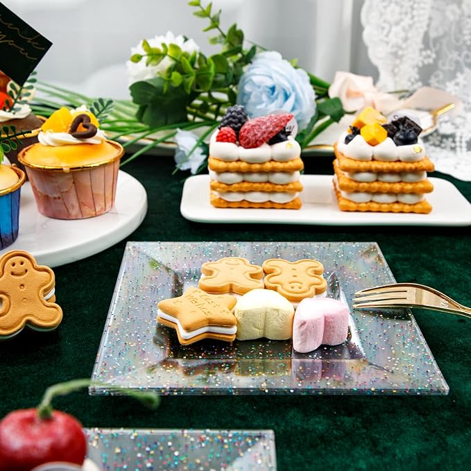 supernal 200pcs Square Plastic Dessert Plates-100pcs Gold Dessert Forks,100pcs 6inch ClearDessert Plates,cocktail plates, Clear Appetizer Plates for Pary Birthday Afternoon tea