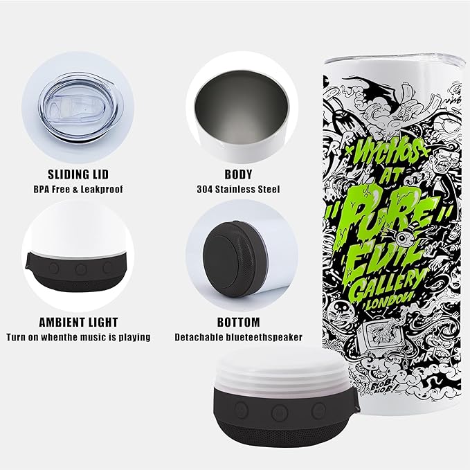 20oz 1pack sublimation Music Speaker Tumbler Blank Bulk Black with Glow Green,Straight music mug with straw, lid, straw brush,Reusable Travel Coffee Mug For Men and Women