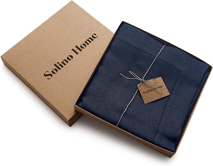 Solino Home Linen Tablecloth for Rectangle Tables 60 x 90 Inch - Classic Hemstitch 100% Pure Linen Navy Blue Table Cloth - Machine Washable Cloth Tablecloth for Winter, Easter