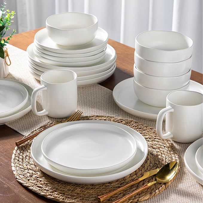 AmorArc Ceramic Dinnerware Sets, Wavy Rim Stoneware Plates and Bowls Sets,Dishwasher & Microwave & Oven Safe Dishes set, Service for 4 (12pc)-Matte White