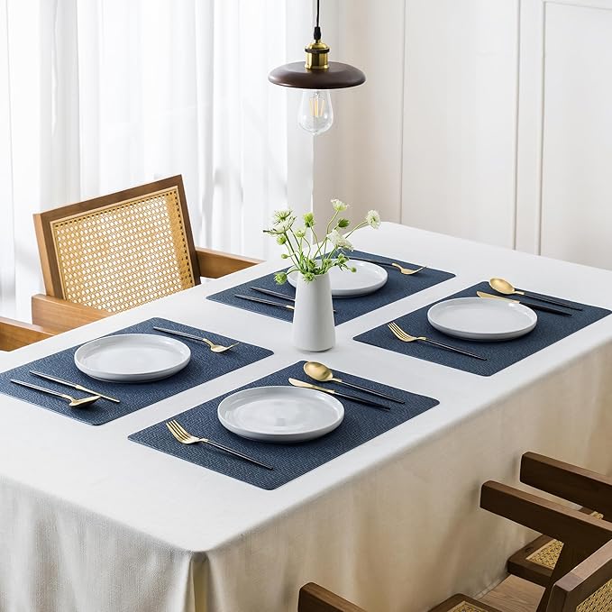Jovono Faux Leather Placemats Set of 6, Waterproof Washable Table Mats, Easy-Clean Heat Resistant Kitchen Vinyl Place Mat for Dining Table, Restaurant, Indoor, 17.8"x11.8", Blue