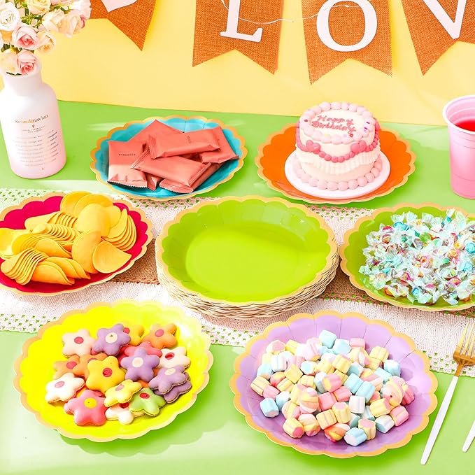 96 Pcs Neon Colorful Paper Plates 9 Inch Gradient Scalloped Paper Plates Disposable Dinner Dessert for Birthday Wedding Bridal Party Supplies, 6 Colors