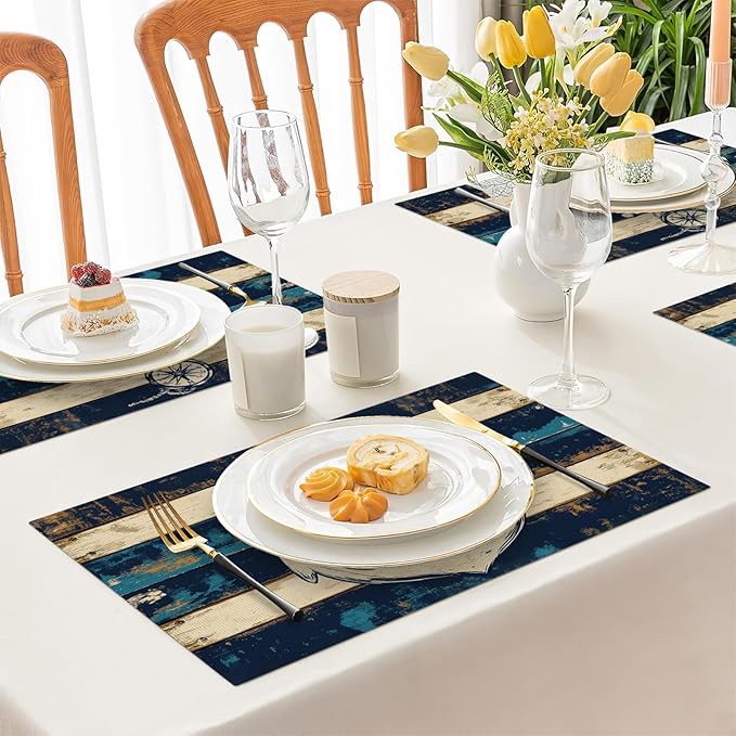 Nautical Placemats Set of 6, Coastal Anchor Place Mats, Rustic Beach Navy Blue Waterproof Washable Table Mats for Home Party Indoor Kitchen Dining Table Decoration 12x18 Inch