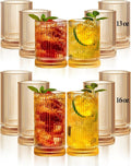 Ribbed Glassware Vintage Drinking Glasses 12Pcs Set （6 Highball Glasses 16Oz And 6 Rocks Glasses 13Oz） Amber Ribbed Glass Cups For Iced Coffee, Cocktails, Juice, Beer, Everyday Drinking
