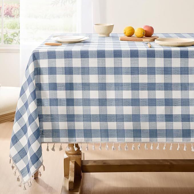 Softalker Checkered Tablecloth Square, Outdoor Linen Cotton Gingham Table Cloth with Tassel, Heavy Duty Wrinkle Free Buffalo Plaid Table Cover for Kitchen Dining Home Party - 55 x 55 Inch, Blue