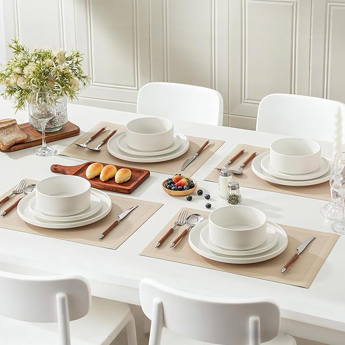 6 Piece Ceramic Dinnerware Set for 2, Modern Minimalist Stoneware Dinner Plates and Bowls, Microwave Safe, Dishwasher Safe, Versatile for All Seasons, Matte White