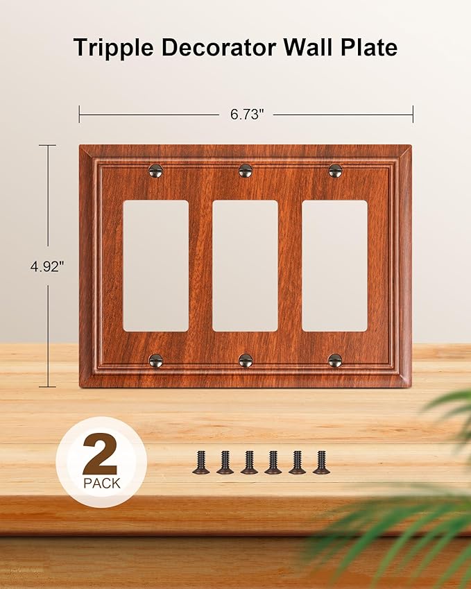 2-Pack Decorative Tripple Decorator Outlet Cover Plate, Durable Natural Bamboo Fiber Wood Grain Wall Plates for Electrical Outlets, Receptacle, GFCI Outlet, Dimmer Switch, 3-Gang, Corrosion Resistant