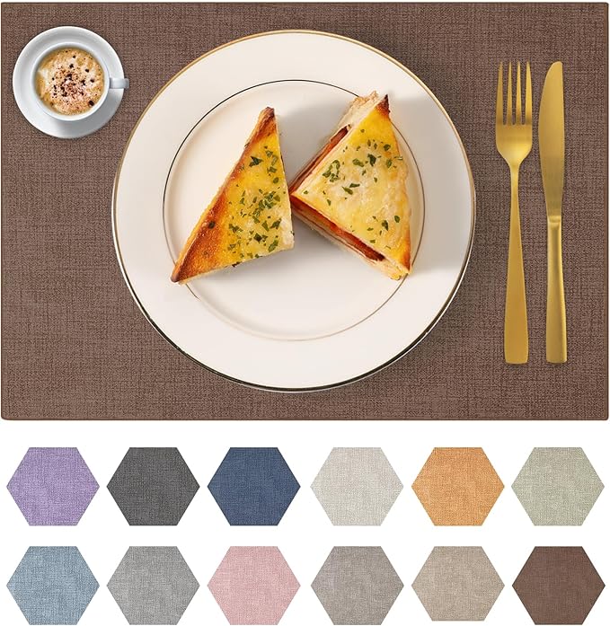 Faux Leather Placemats Set of 8 Washable PU Table mats for Kitchen Table - Heat Resistant, Waterproof, Easy Clean, Anti Slip 11.8" x 17" (Dark Brown-8 Pack)
