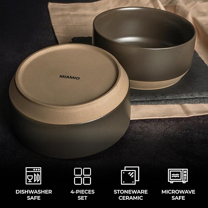 MIAMIO – Bowl Set of 4 / Ceramic Bowl Set (30 oz) for Pasta, Ramen, Cereal, Salad – Dishwasher and Microwave Safe – Sierra Collection (Dark, Bowls (4x))
