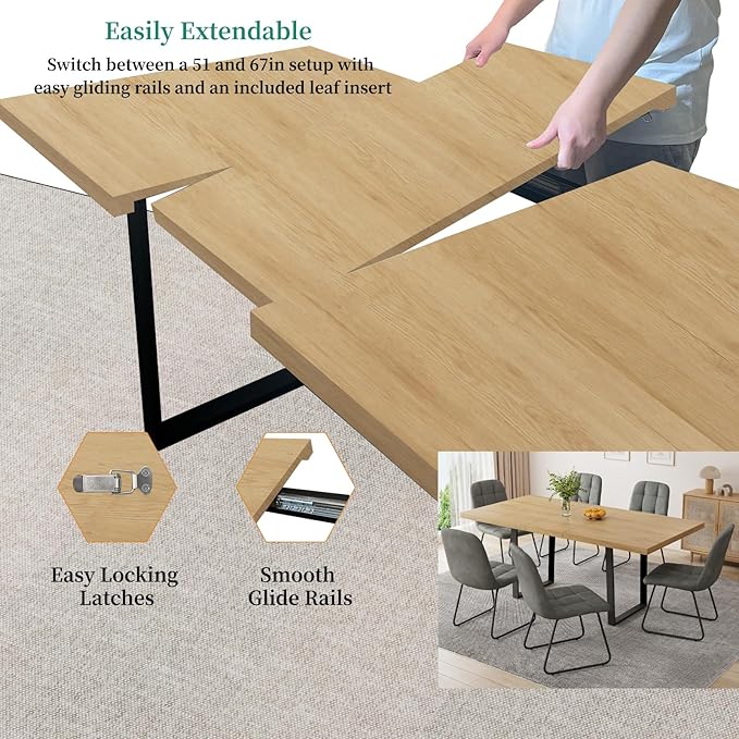 ZckyCine 67" Expandable Oak Dining Table Set – Modern 7-Piece Dining Room Furniture Set with 6 Padded Chairs, Space-Saving Luxury Design, Easy to Assemble, Ideal for Home, Apartment, or Restaurant