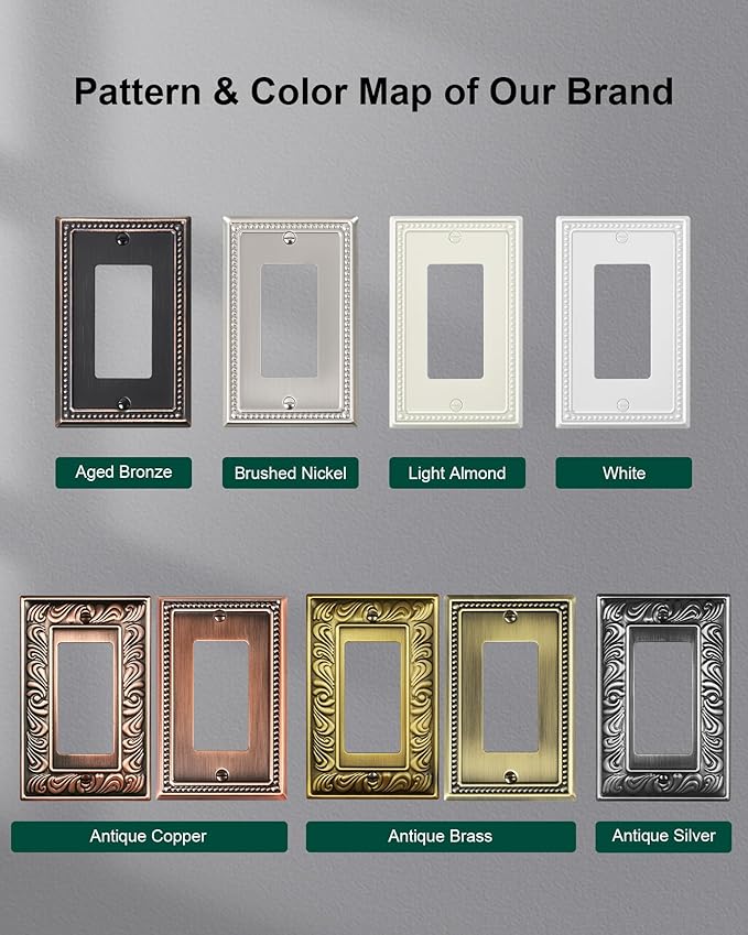 6-Pack Decorator Outlet Cover Plate, Decorative Switch Plates and Outlet Covers, Aged Bronze Metal Wall Plates for Electrical Outlets, Receptacle, GFCI Outlet, Dimmer Switch