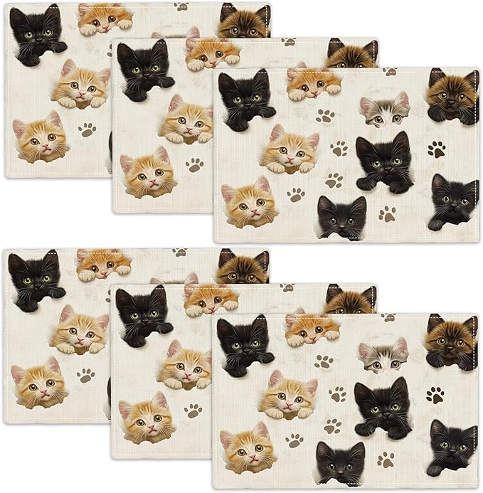Cat Placemats Set of 6, Cute Black Cats Table Mats, Animal Washable Place Mats for Coffee Bar Home Party Indoor Kitchen Dining Table Decoration 12x18 Inch