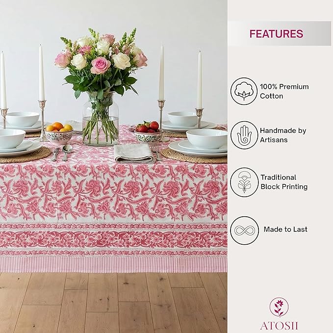 ATOSII Red Bloom 100% Cotton Rectangle Tablecloth, Block Print Floral Linen Table Cloth for Dining Parties Outdoors Weddings Holidays I 72 X 108 Inches, 8 Seater, Summer Farmhouse Grandmillennial