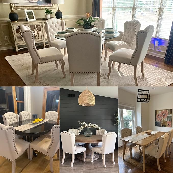 chairus Tufted Parsons Dining Chairs Set of 4, French Country Upholstered Dining Room Chairs with Nailhead Trim & Curved Wood Legs, Farmhouse High Back Armless Side Kitchen Chairs, Beige Linen