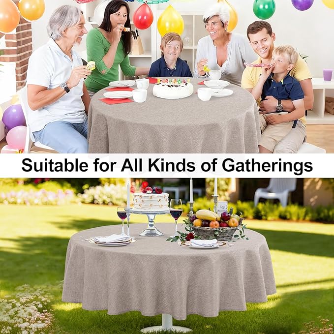 JIUZHEN Faux Linen Round Tablecloths 54 inch, Decorative Wrinkle Free Texture Rustic Circle Table Cloth Cover for Kitchen, Dining, Party, Wedding, Outdoor Use (54 Inch Round,Stone)