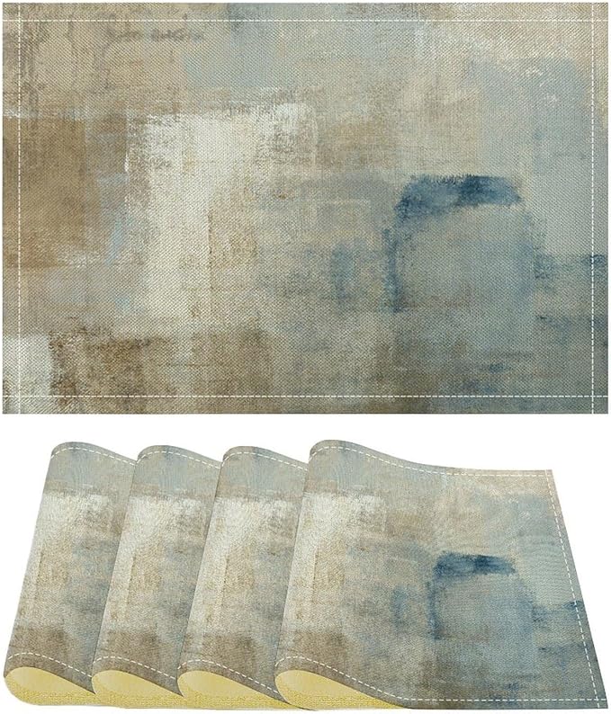 Gradient Placemat Set, Modern Minimal Fashion Abstract Beige Brown Blue Art Oil Painting Brush Strokes Patchwork Pattern Home Decor Linen Table Mats for Dining Room Kitchen Party (17x12in) x4P