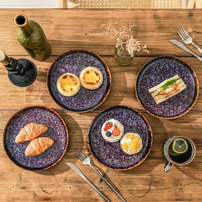 Ceramic dinner plates set of 4, Dessert & Salad plates for party and wedding, Microwave safe porcelain plates set, 8 Inch-Speckled Bluish Purple