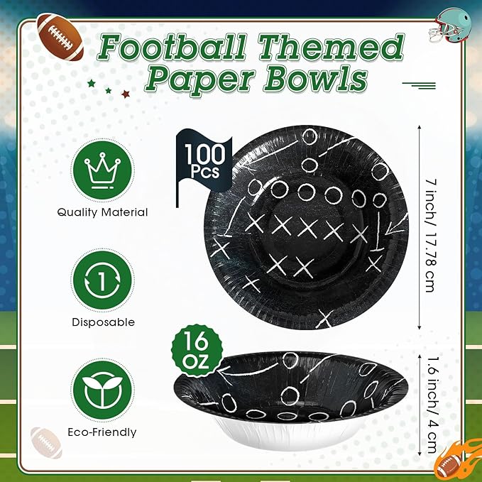 100 Pcs 16 oz Football Paper Bowls - Football Party Snack Bowls Supplies for Game Day Hot Cold Soup Salad Dessert Home Cereal Holiday Decoration