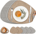 Placemats and Coasters, Washable Placemats Round Faux Leather Wipeable Place Mats Non Slip Heat Resistant Indoor Outdoor Table Mats (Set of 6, Light Gray Beige)