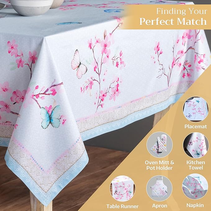 Maison d' Hermine Table Cloth Rectangle Table 100% Cotton 60 x 90 Inches Tablecloth Reusable Decorative for Dining Room Farmhouse Home Valentines Day Decorations Spring Summer - Blossoms in Spring
