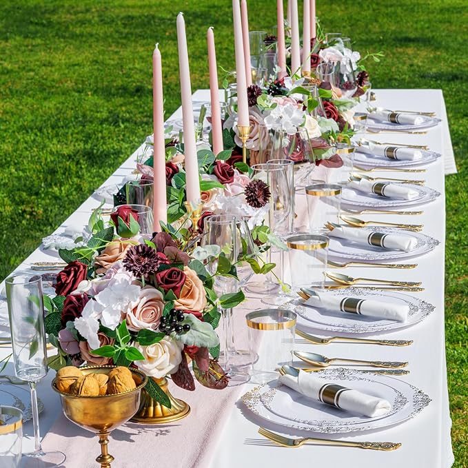 Nervure 700PCS Gold Plastic Plates - Gold Plastic Dinnerware Sets for 100 Guests - 200 Disposable Plates, 300 Silverware, 100 Cups, 100 Napkins for Wedding & Party
