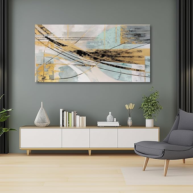 Abstract Wall Art Framed Wall Decor Modern Canvas Abstract Wall Art Black-Gold and Blue Grey Abstract Artwork for Living Room Bedroom Dining Room Home Office Decor 24"x48"