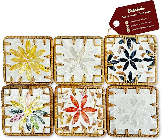 Handmade Rattan Coaster Set of 6, Cute Square Coasters with Mother of Pearl,Colorful Boho Coaster for Decorative, Coffee Table - Bar & Outdoor Drink Coasters, Unique Housewarming - Occasions Gift