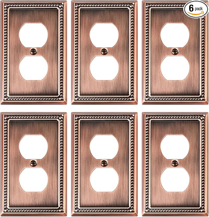 6-Pack Duplex Outlet Cover Plate, Antique Copper Metal Wall Plates for Electrical Outlets, 1 Gang Receptacle Cover, Pearls Decorative Switch Plates and Outlet Covers