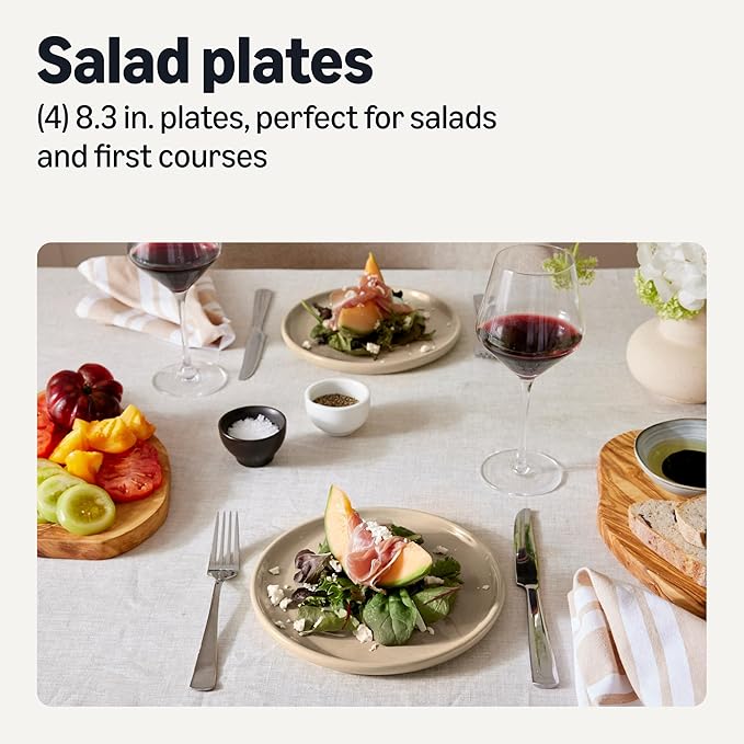 Amazon Basics Glazed Stoneware Salad Plates, Ceramic 4-Piece Set, Microwave and Dishwasher-Safe, 8.3 in., Linen Gray