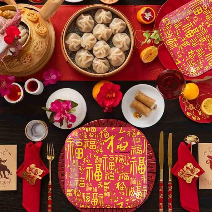 30 Pcs Chinese New Year Paper Plates Square Plates, 8.7" Disposable Plates Heavy Duty Decorative Plates Food Trays, Dinner Platters Dessert Plates for Spring Festival Lunar New Year Party Decorations